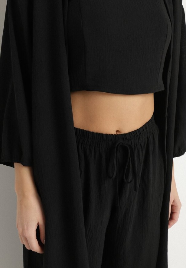 Czarny Komplet Top na Cienkich Ramiączkach Długa Koszula i Luźne Spodnie Adirive