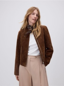 Skórzana kurtka na zamek - brązowy