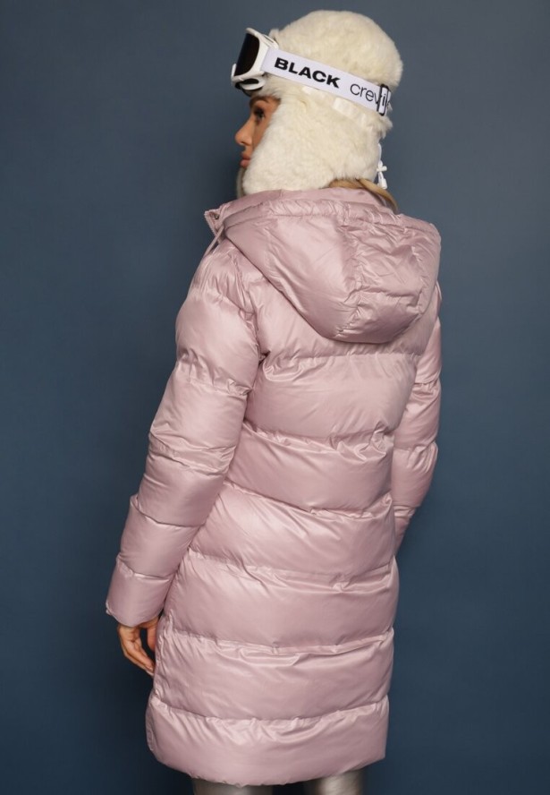 Różowa Długa Kurtka z Kapturem Kieszeniami i Dwustronnym Suwakiem Zdobiona Pikowaniem Sanaviel