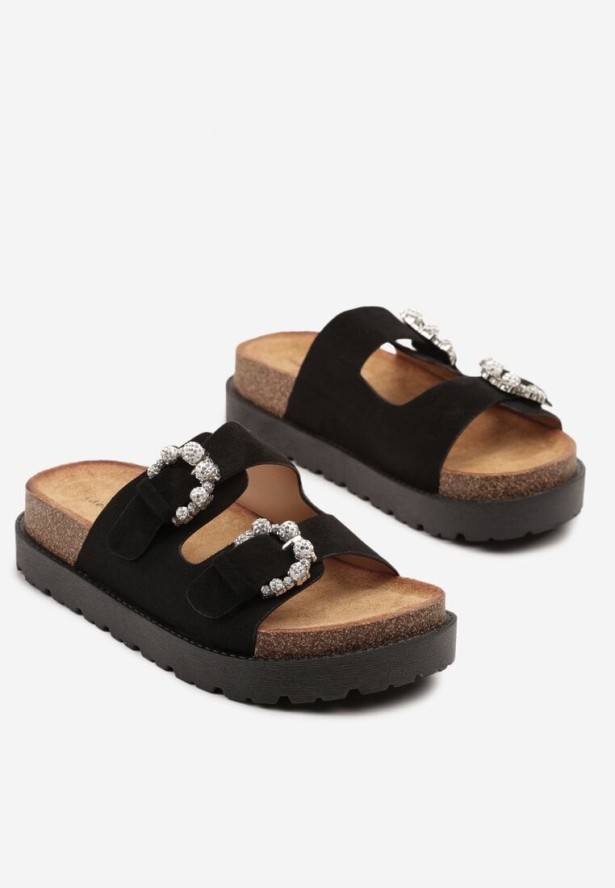 Czarne Klapki na Grubej Korkowej Podeszwie z Cyrkoniami Sellio