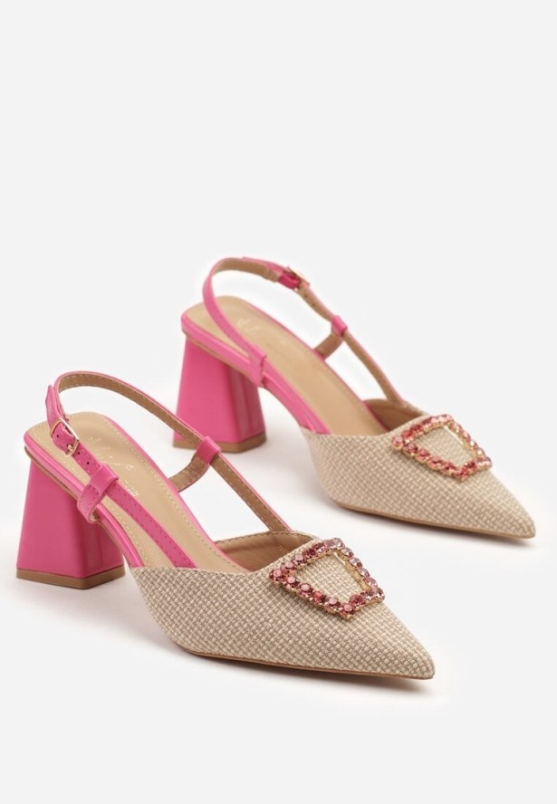 Beżowo-Różowe Sandały na Obcasie Bez Pięty z Cyrkoniową Ozdobą Koriene