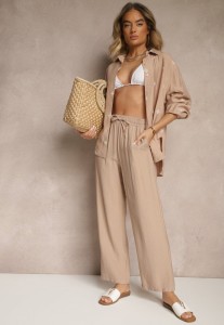Ciemnobeżowy Wiskozowy Komplet Oversize Zdobiony Haftem Koszula i Spodnie Sadrianae