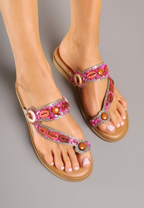 Różowe Japonki Zdobione Cyrkoniami i Aplikacjami z Muszelkami Reionelle