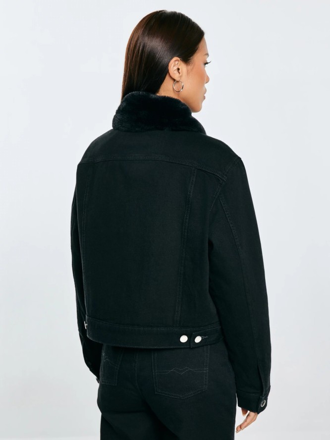 Kurtka damska jeansowa z futerkowym kołnierzem czarna Ramona 936