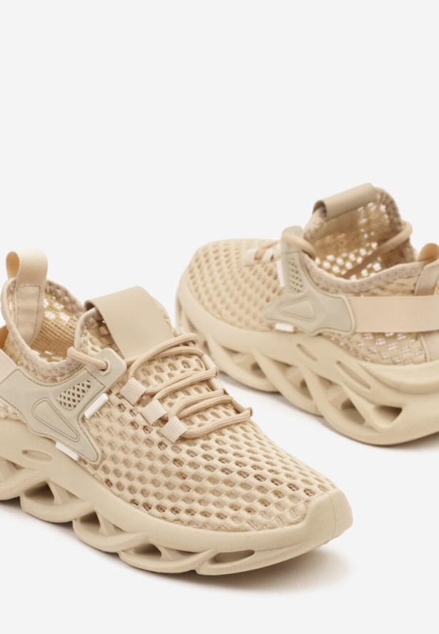 Ciemnobeżowe Siateczkowe Buty Sportowe Sneakersy na Grubej Tłoczonej Podeszwie Telarienna