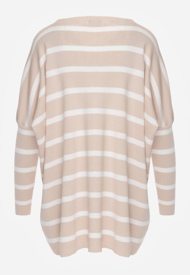 Beżowy Sweter Oversize w Paski z Rękawami Nietoperz Caelania