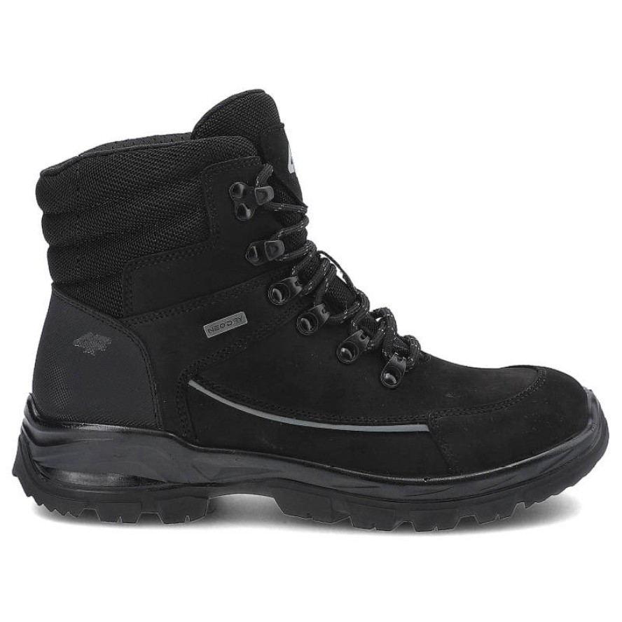 Trekkingi unisex 4F, skóra naturalna nubuk z tekstylnymi wstawkami sznurowanie z metalowymi haczykami oraz gruba amortyzowana podeszwa, czarne, H4Z21