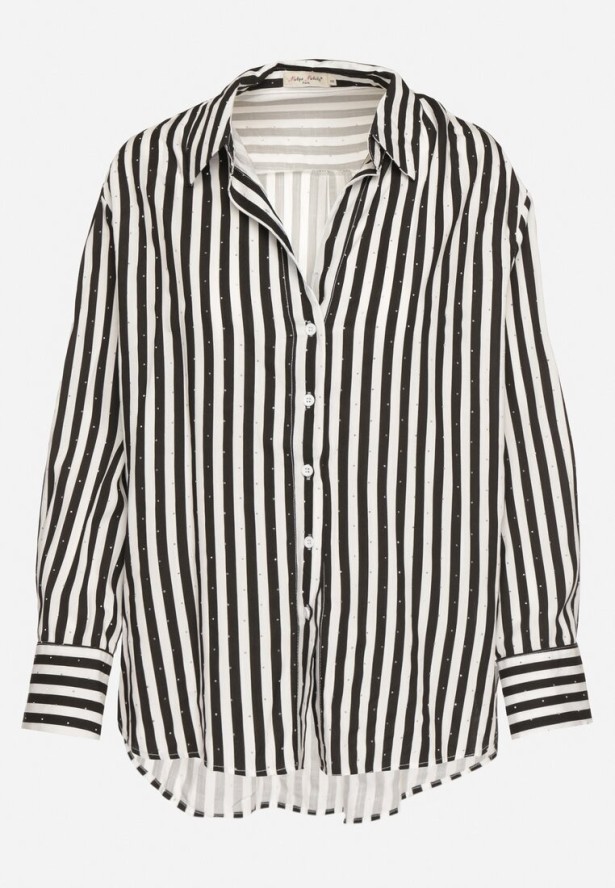 Czarna Bawełniana Koszula w Pionowe Paski Zdobiona Cyrkoniami Isorina