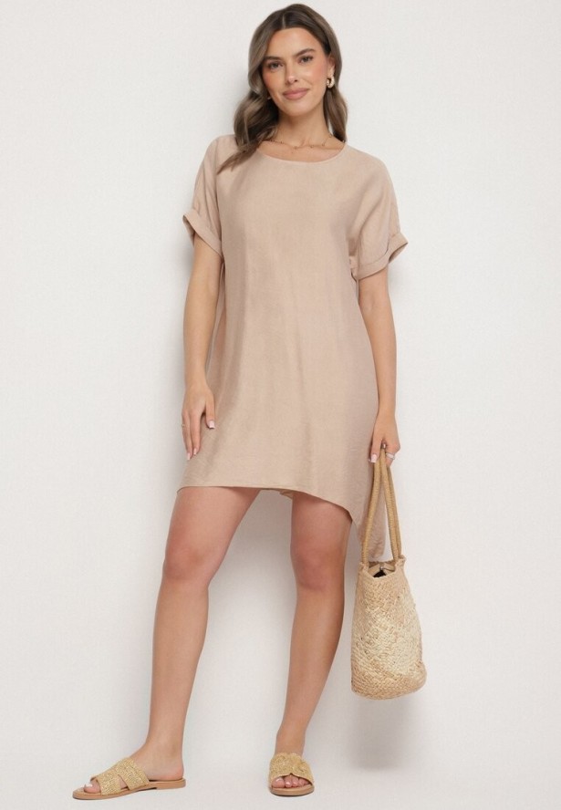 Beżowa Pudełkowa Sukienka z Asymetrycznym Dołem Iffusa