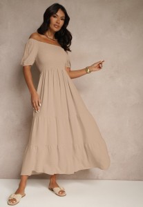 Beżowa Sukienka Hiszpanka z Marszczoną Górą Lumirielle