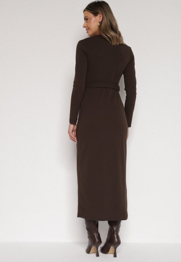 Brązowa Sukienka Koszulowa z Wiskozą Guzikami i Paskiem Vetienne