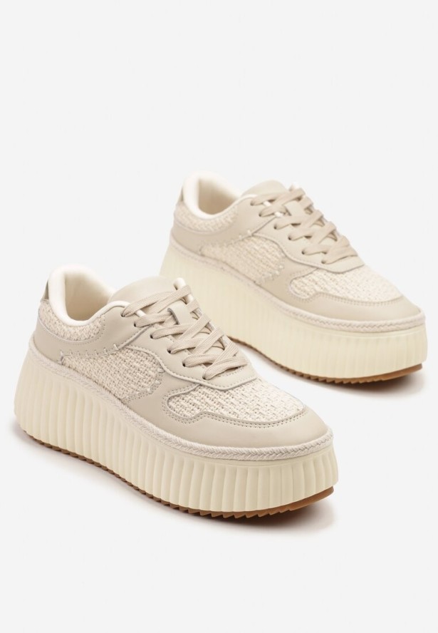 Beżowe Skórzane Sneakersy na Grubej Podeszwie z Tłoczeniami Foiriva