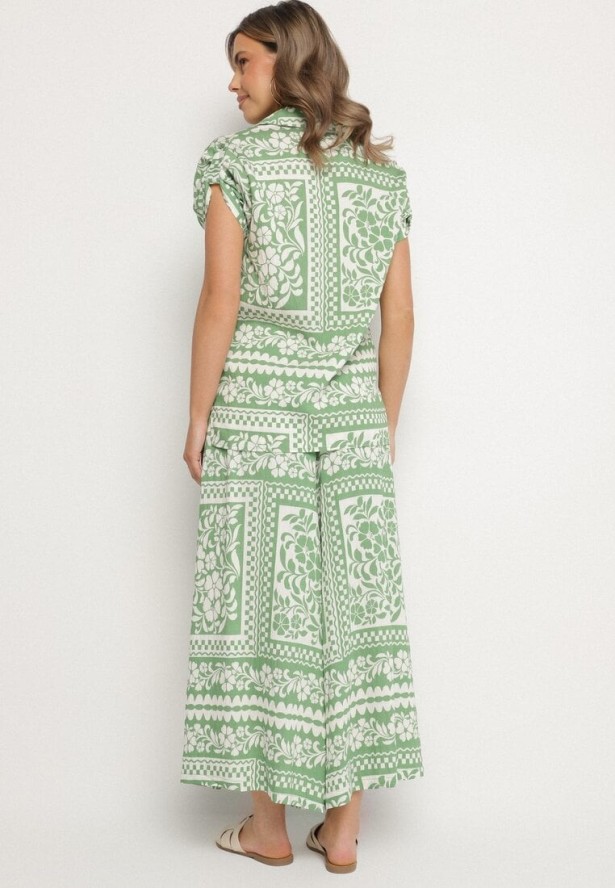 Jasnozielony Komplet z Wiskozą z Kwiatowym Motywem Koszula i Spodnie Sonaniella