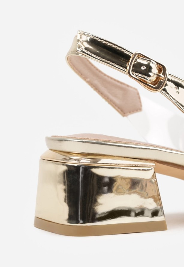 Złote Eleganckie Sandały VICES z Transparentną Cholewką i Klamrą z Cyrkoniami Qinieth