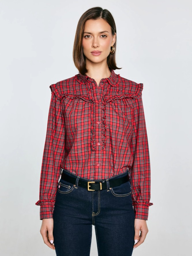Koszula damska w kratę z ozdobnymi falbankami czerwona Frilo 000