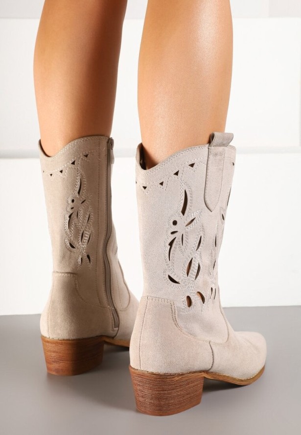 Jasnobeżowe Ażurowe Botki Vices na Obcasie w Stylu Kowbojek Helori
