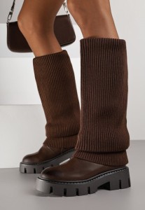 Brązowe Kozaki na Grubej Podeszwie z Wywiniętą Dzianinową Cholewką Fenisana