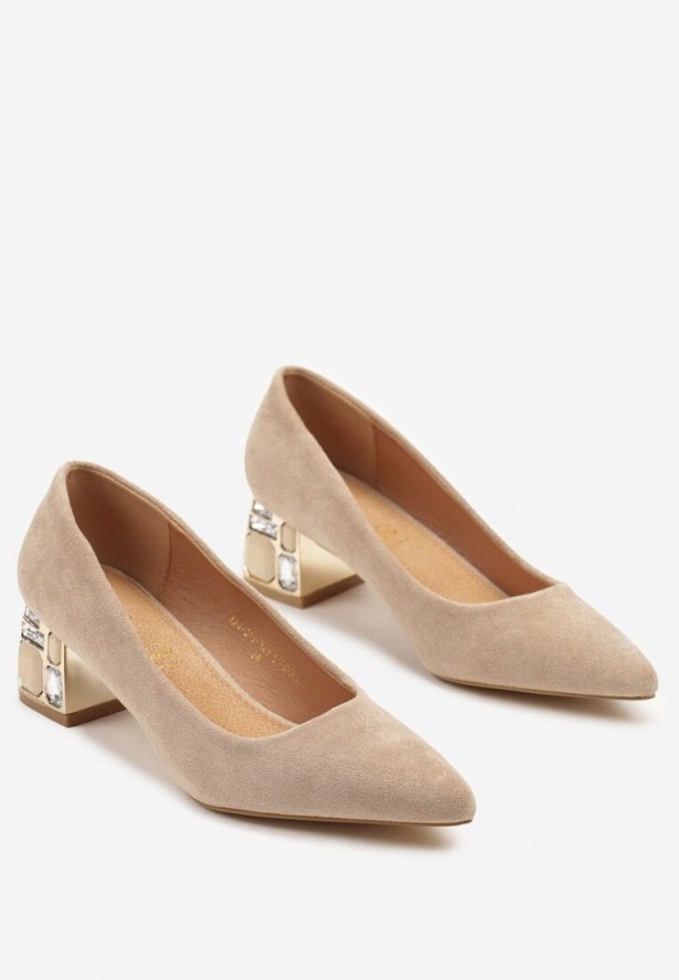 Beżowe Czółenka Vices ze Skórzaną Wkładką na Ozdobnym Obcasie Amuria