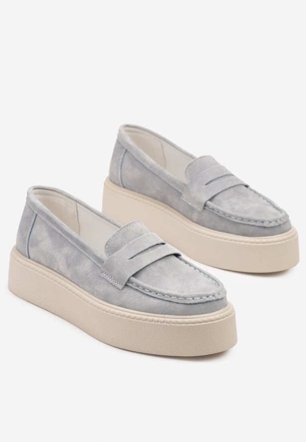 Niebieskie Skórzane Półbuty Mokasyny na Grubej Podeszwie Sadelise