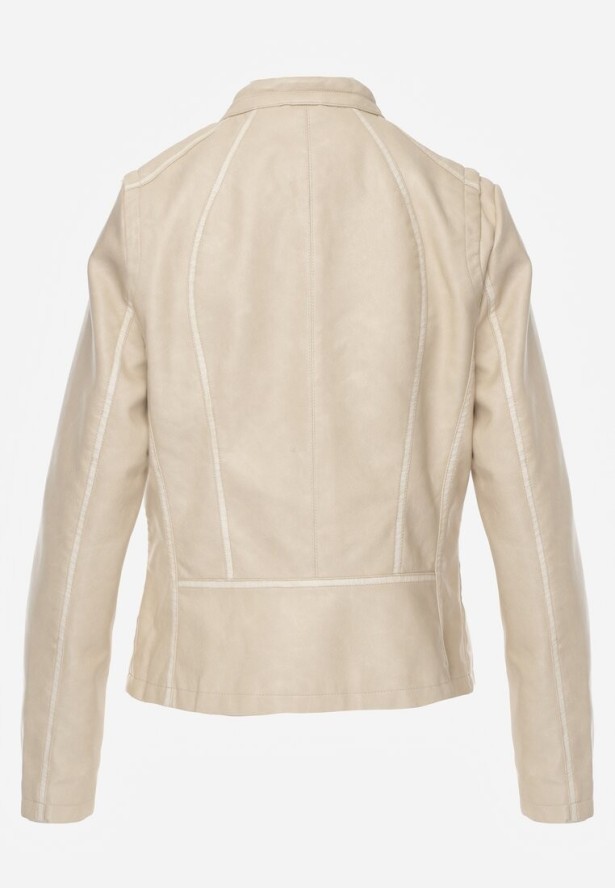 Beżowa Kurtka Ramoneska o Taliowanym Kroju z Ozdobnymi Lamówkami Esanora