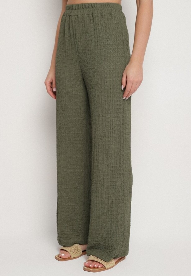 Ciemnozielony Komplet Bluzka Bez Rękawów Zdobiona Broszkami i Szerokie Spodnie Sadaniae