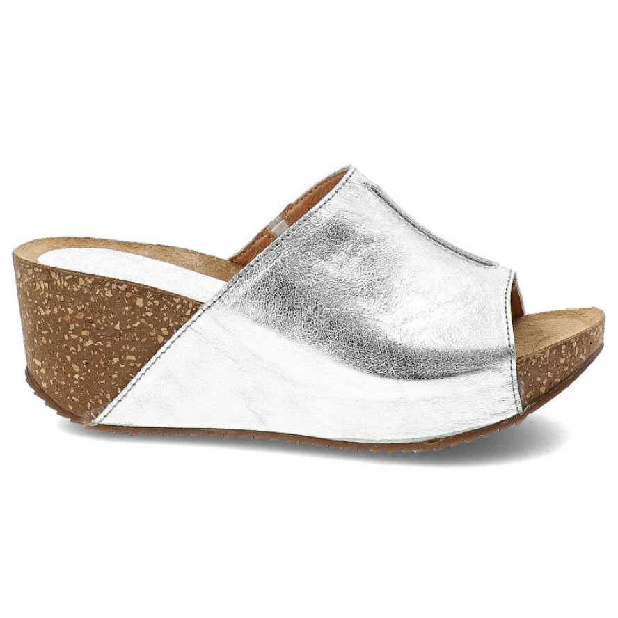 Srebrne Klapki Simen Wygodne Skórzane Buty Na Koturnie