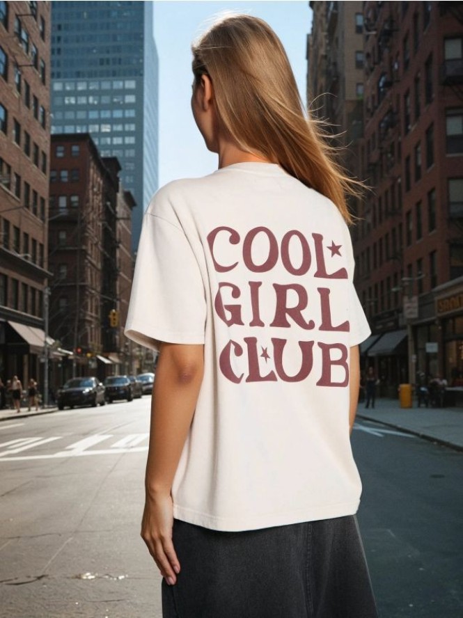 Bluza z krótkim rękawem i napisem na plecach - kremowy