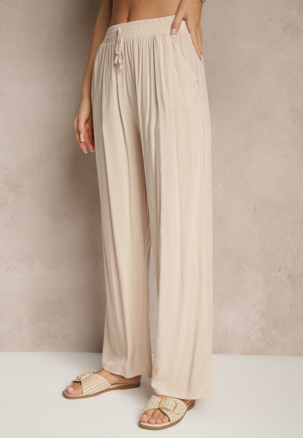 Beżowe Spodnie z Wiskozy High Waist o Szerokim Kroju Avelozi