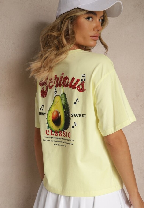 Żółty T-shirt z Bawełną ze Wzorem Awokado Tilannia