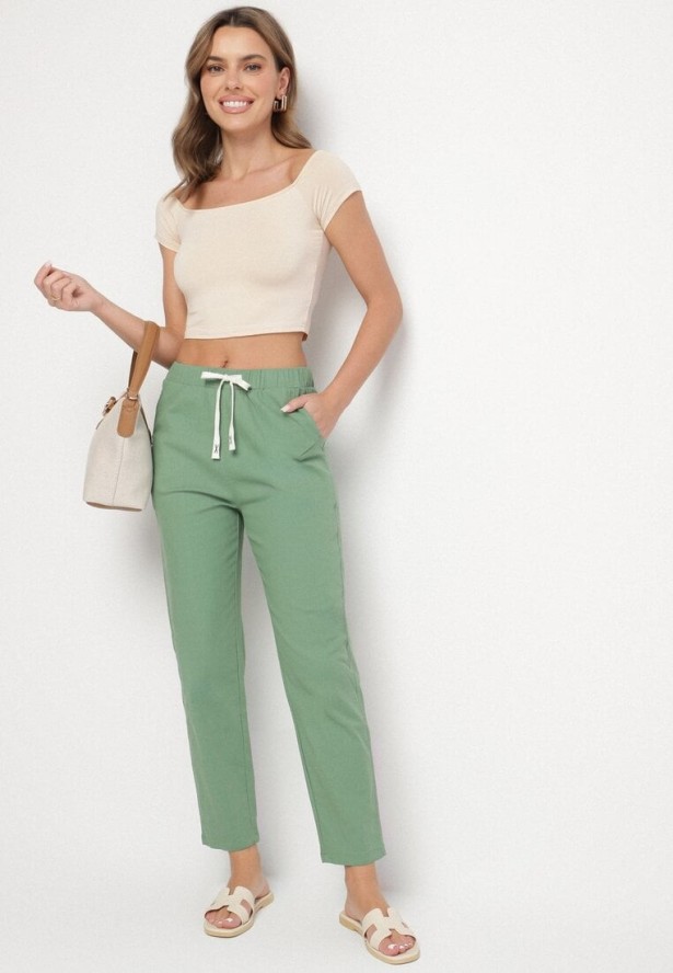 Zielone Spodnie z Bawełny Ozdobione Sznurkami Fenarnia
