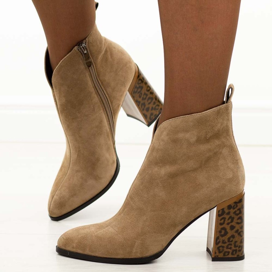 Khaki zamszowe skórzane botki damskie na słupku Giano Fabiani 9210