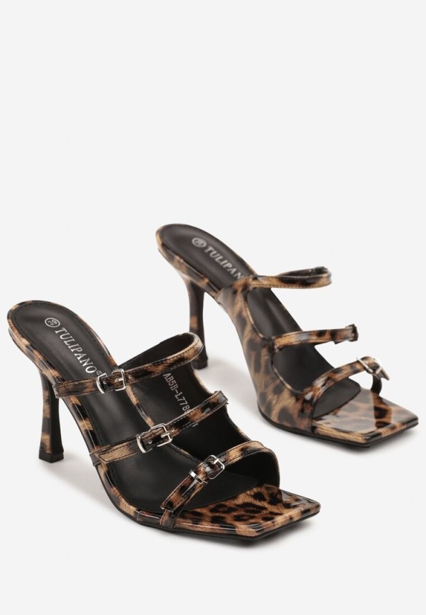 Panterkowe Lakierowane Klapki na Szpilce Ozdobione Klamrami Banelea