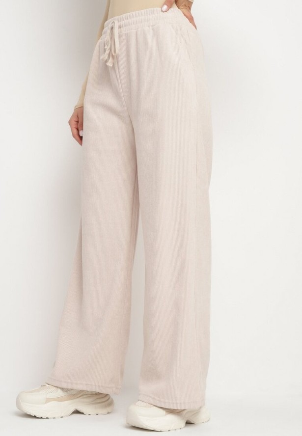 Beżowe Szerokie Spodnie z Wysokim Stanem Wiązane Sznurkiem Cosetta