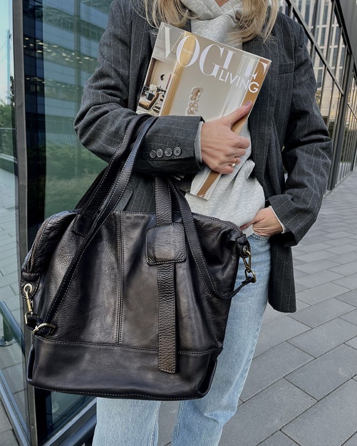 Duża torba shopper czarna A4 z miękkiej włoskiej skóry Marco Mazzini v254a
