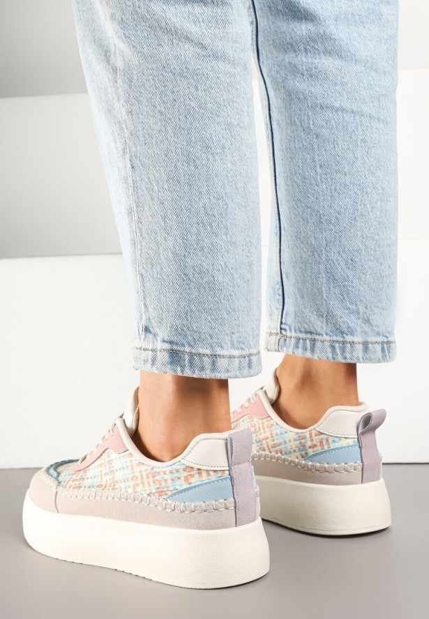 Beżowo-Różowe Sneakersy na Platformie Ozdobione Plecionką Nilaraviela