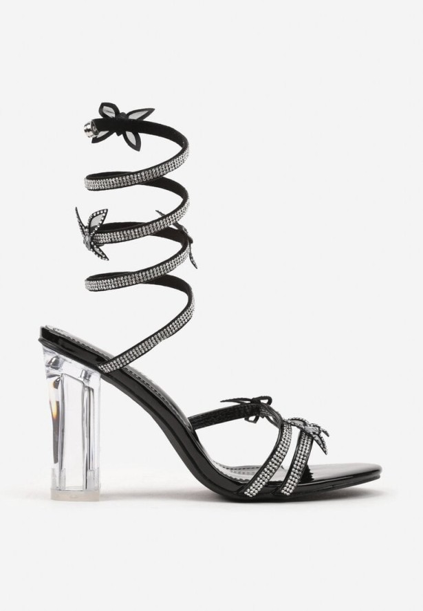 Czarne Sandały na Przezroczystym Obcasie z Cyrkoniami i Aplikacjami 3D Tatanis