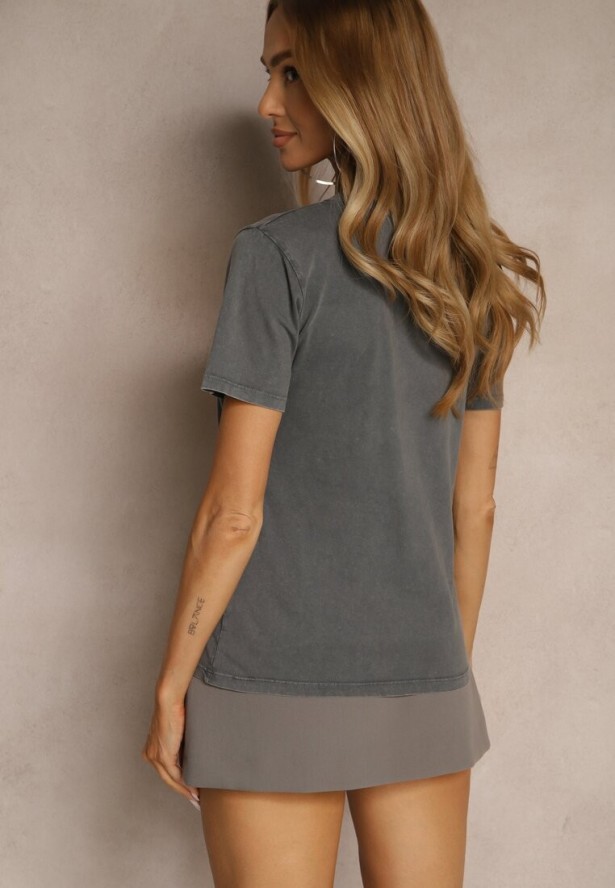 Ciemnoszary Bawełniany T-shirt z Kwiatami i Napisami Savinele