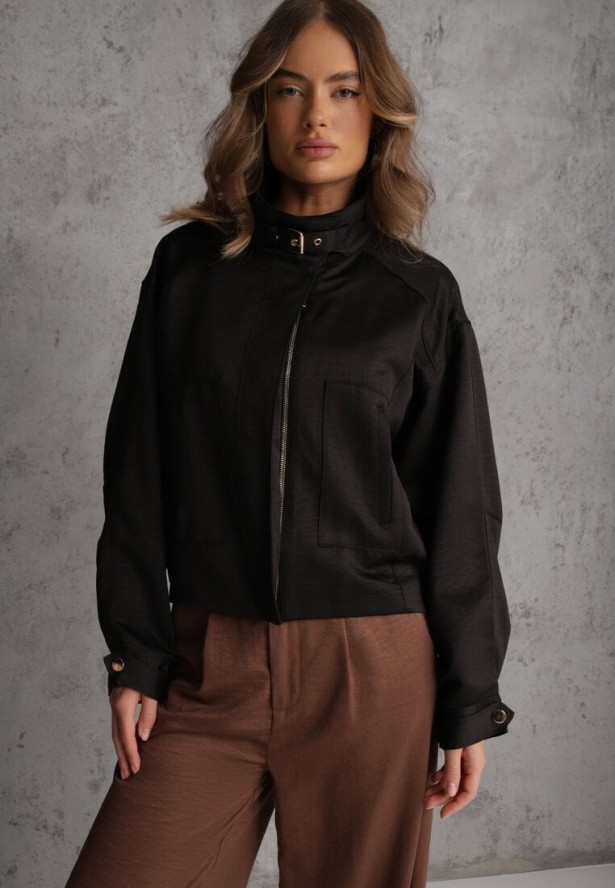 Czarna Kurtka Bomberka Oversize z Regulowanymi Mankietami Lann