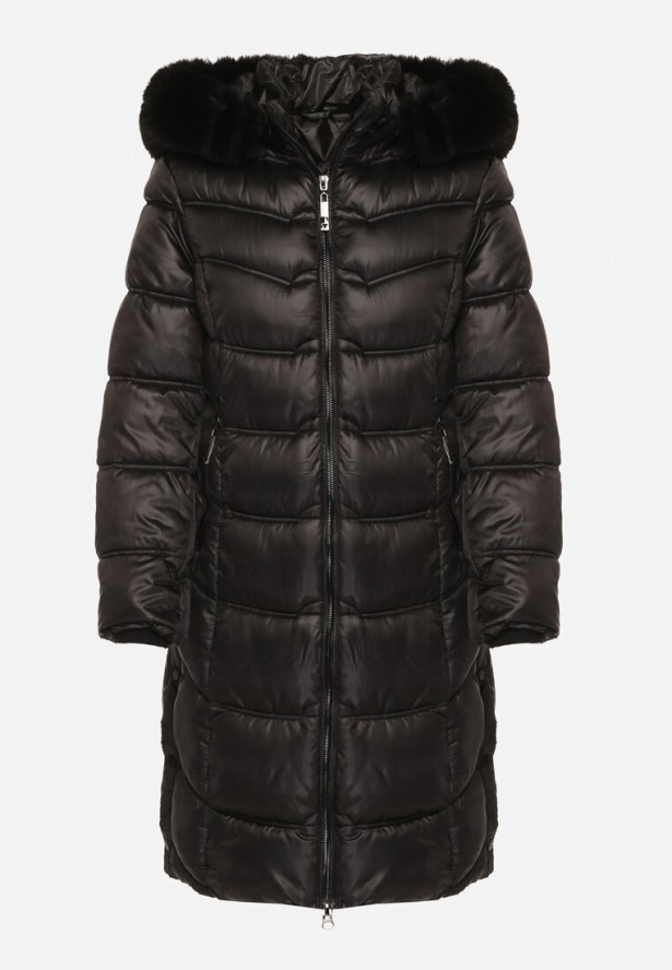 Czarna Pikowana Kurtka Płaszcz za Kolano z Kapturem i Futerkiem Naelora