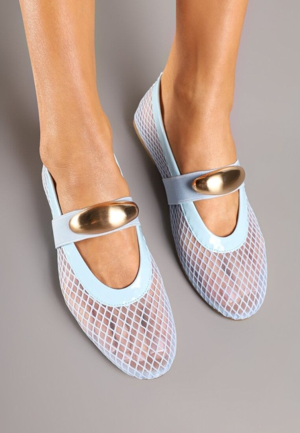 Niebieskie Balerinki z Transparentnej Siateczki z Paskiem i Metaliczną Aplikacją Isorine