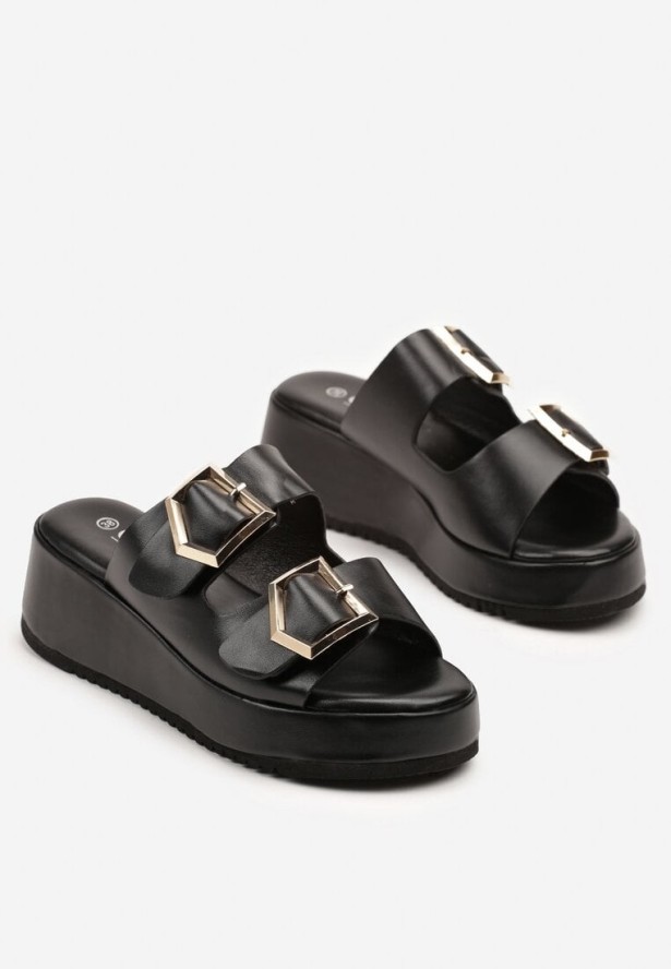 Czarne Klapki na Niskim Koturnie z Paskami z Klamrami Nonoreth