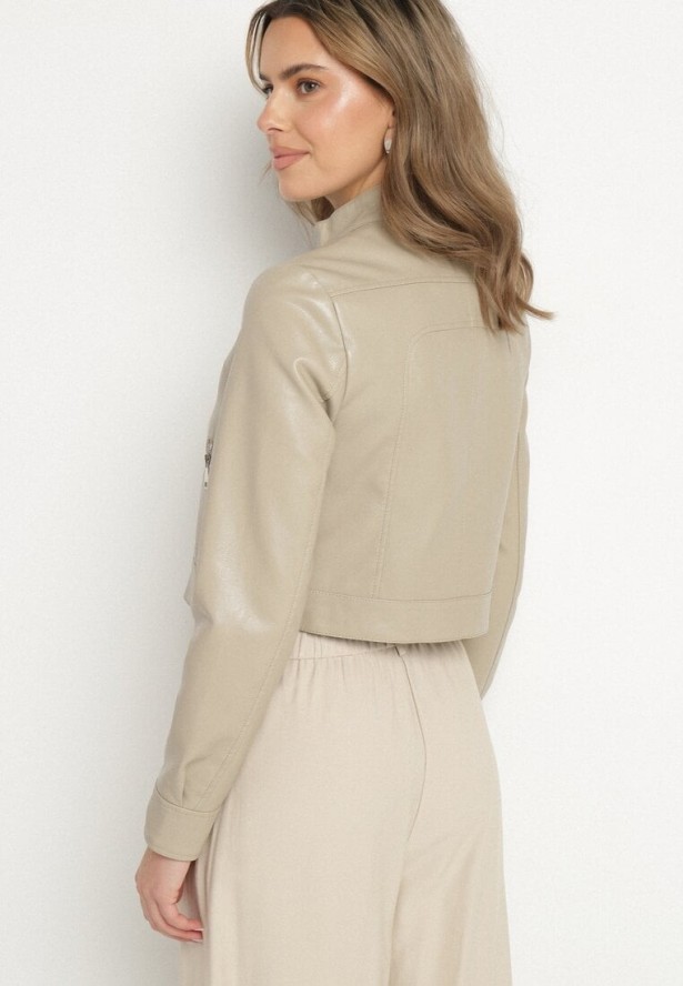 Ciemnobeżowa Kurtka Ramoneska w Motocyklowym Stylu z Klamerką Terlia