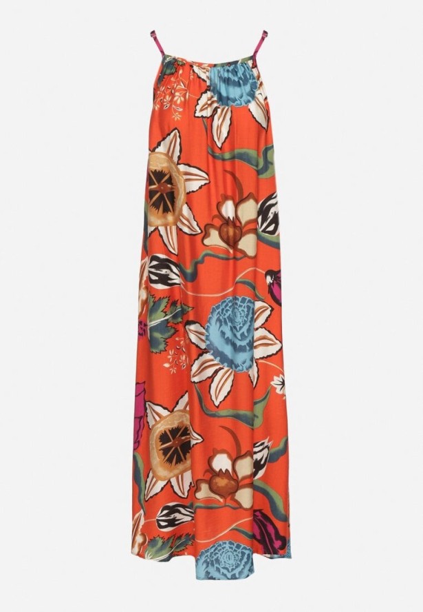 Czerwona Sukienka z Wiskozą i Lnem w Kwiaty Rinetia