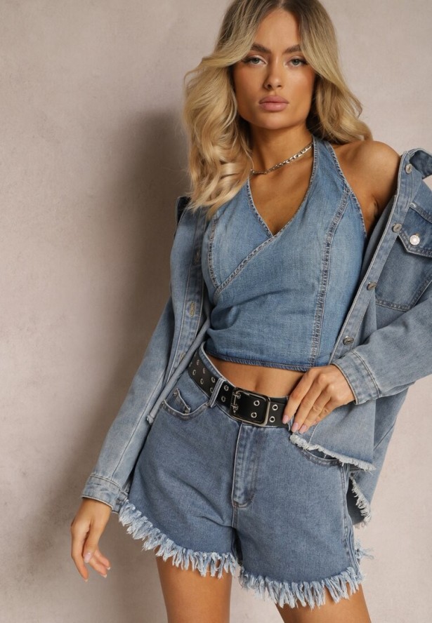 Niebieskie Szorty z Paskiem z Imitacji Skóry Ozdobione Postrzępionymi Krawędziami Lienara