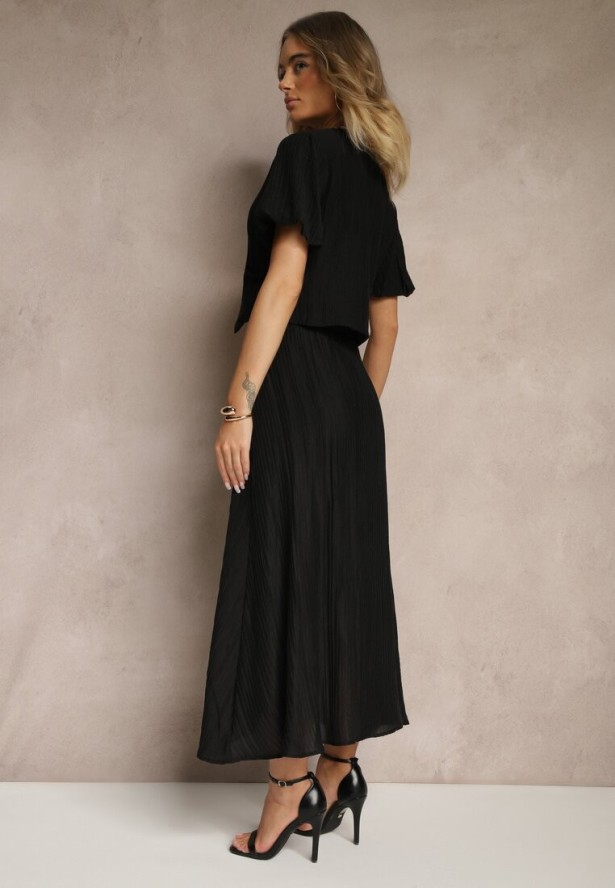 Czarny Komplet z Wiskozy Koszula i Spódnica o Rozkloszowanym Kroju Nanorela