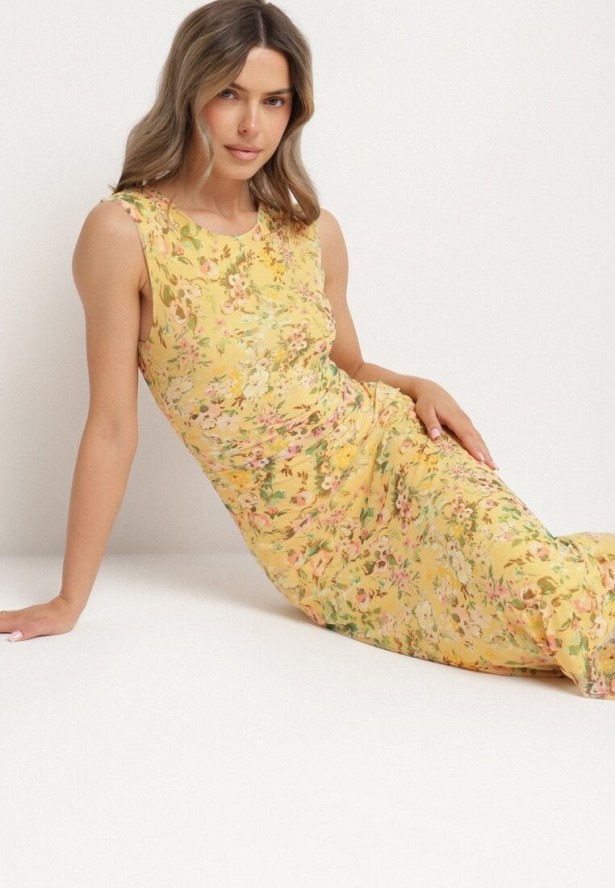 Żółta Koktajlowa Taliowana Sukienka w Kwiaty z Wiskozową Podszewką Lidra