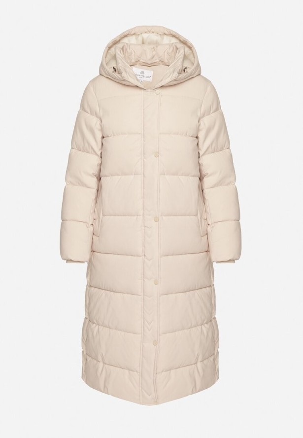 Jasnobeżowa Długa Pikowana Kurtka z Kapturem Afarriva