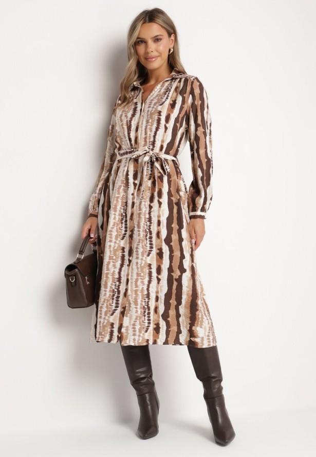 Brązowa Wiskozowa Sukienka Koszulowa Wiązana Paskiem Ellariah