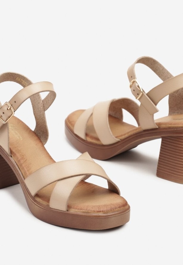 Ciemnobeżowe Sandały na Platformie i Obcasie z Ozdobnymi Paskami Deovanis
