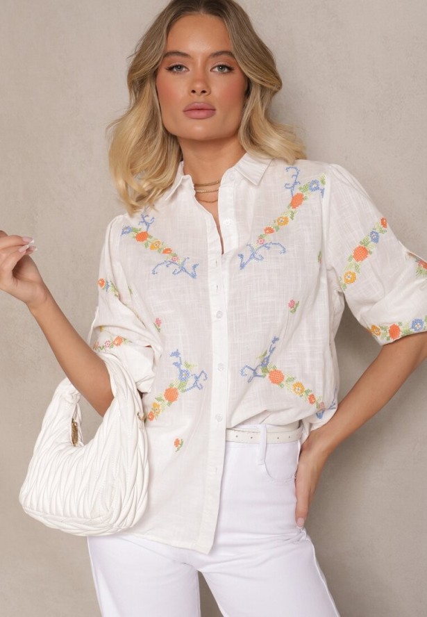 Biała Bawełniana Koszula z Haftem i Regulacją przy Rękawach Donithia